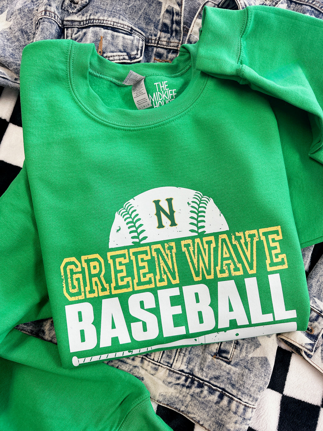 GREEN WAVE BASEBALL GRUNGE CREWNECK