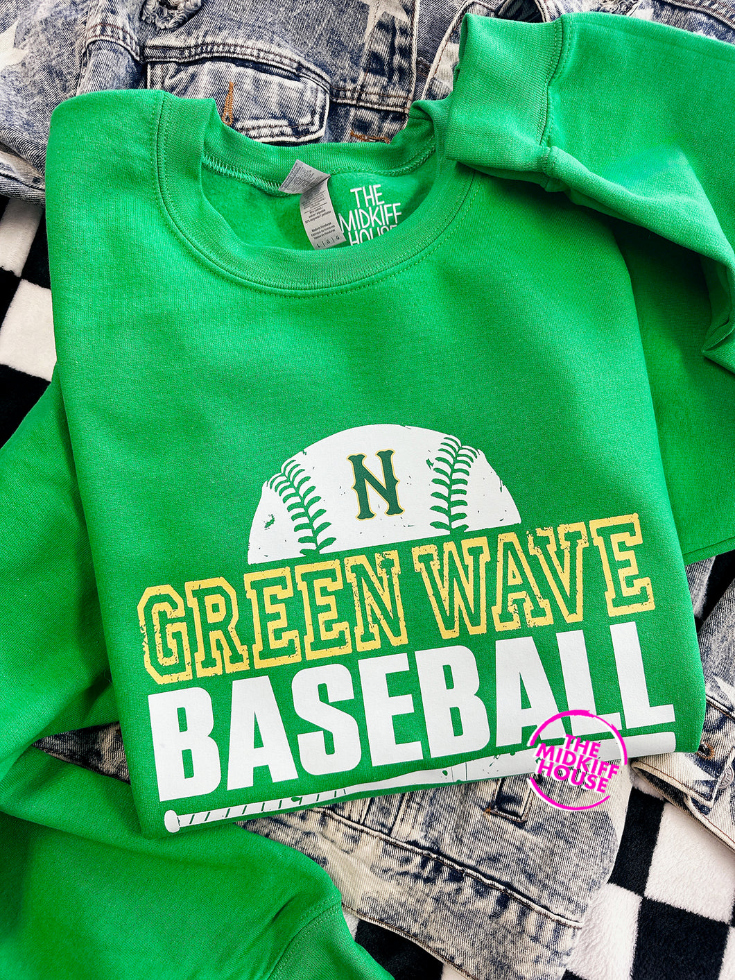 GREEN WAVE BASEBALL GRUNGE CREWNECK