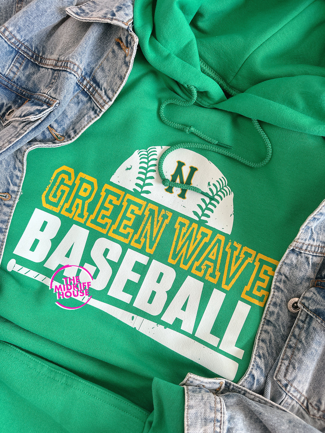 GREEN WAVE BASEBALL GRUNGE HOODIE