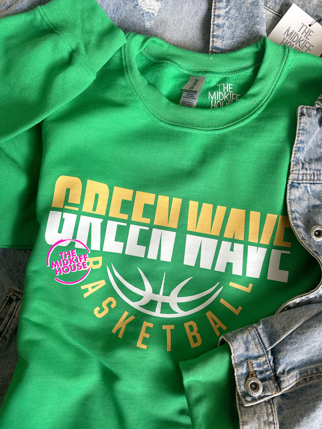 GREEN WAVE BASKETBALL HALF SPLIT CREWNECK