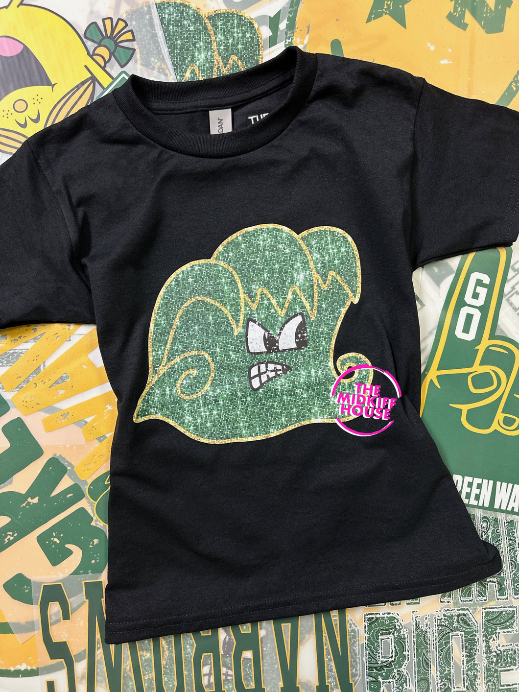 FAUX SPARKLE GREEN WAVE LOGO TEE