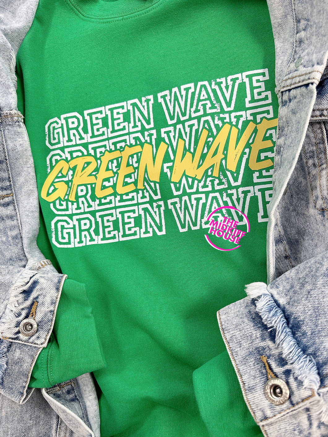 GREEN WAVE STACKED CREWNECK