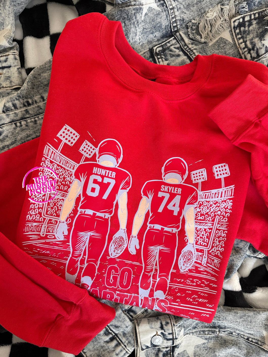 GO SPARTANS FOOTBALL PLAYER CREWNECK