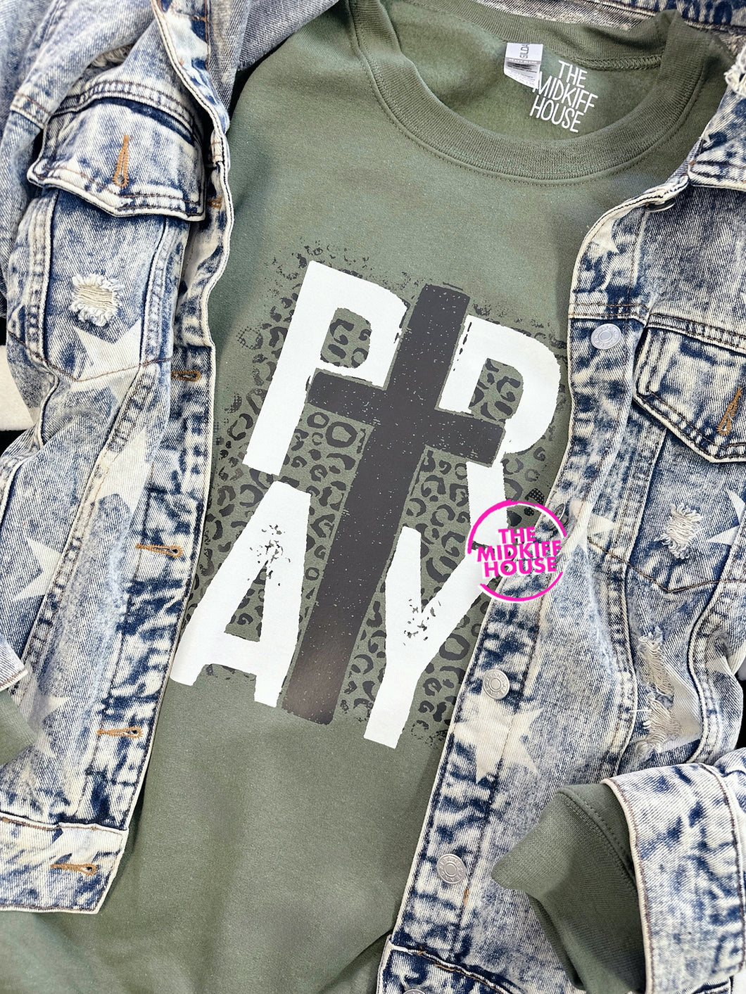 PRAY LEOPARD CROSS CREWNECK