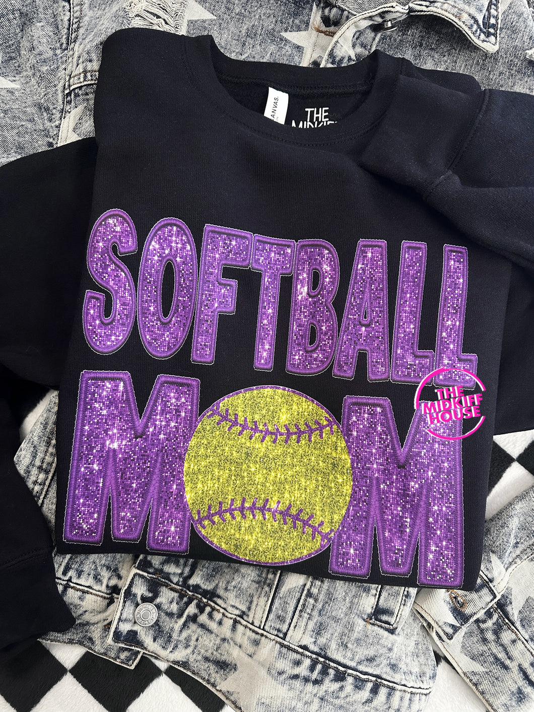 SOFTBALL MOM FAUX SPARKLE CREWNECK