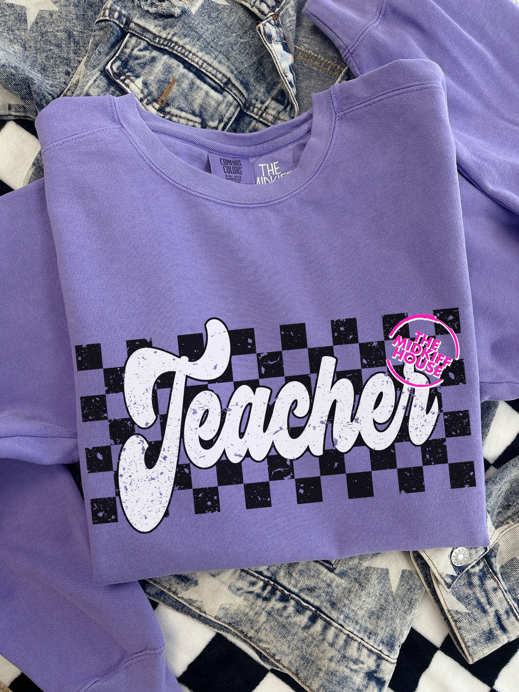 TEACHER CHECKERBOARD CREWNECK